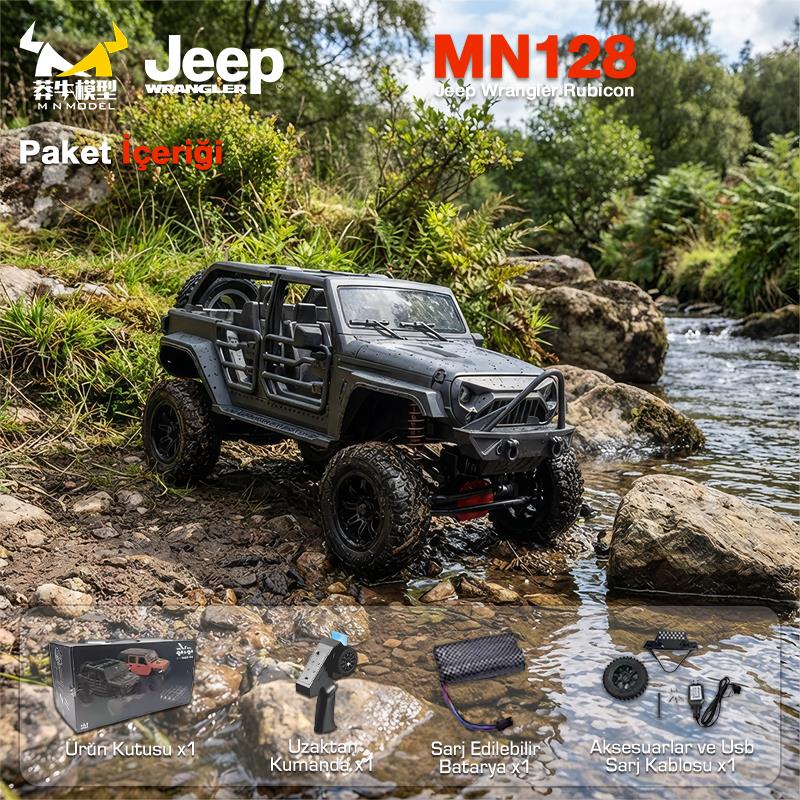 MN Model MN128 1/12 Jeep Wrangler Rubicon 4WD RC Model Crawler Offroad Truck Uzaktan Kumandalı Araba RTR Siyah+Dahili Işık Seti MN-128