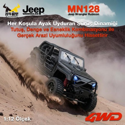 MN Model MN128 1/12 Jeep Wrangler Rubicon 4WD RC Model Crawler Offroad Truck Uzaktan Kumandalı Araba RTR Siyah+Dahili Işık Seti MN-128 - Thumbnail