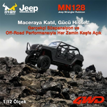 MN Model MN128 1/12 Jeep Wrangler Rubicon 4WD RC Model Crawler Offroad Truck Uzaktan Kumandalı Araba RTR Siyah+Dahili Işık Seti MN-128 - Thumbnail