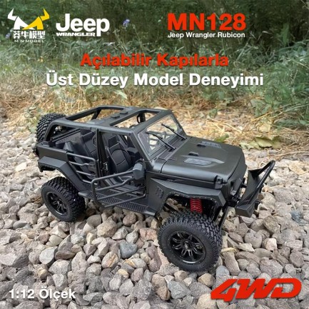 MN Model MN128 1/12 Jeep Wrangler Rubicon 4WD RC Model Crawler Offroad Truck Uzaktan Kumandalı Araba RTR Siyah+Dahili Işık Seti MN-128 - Thumbnail