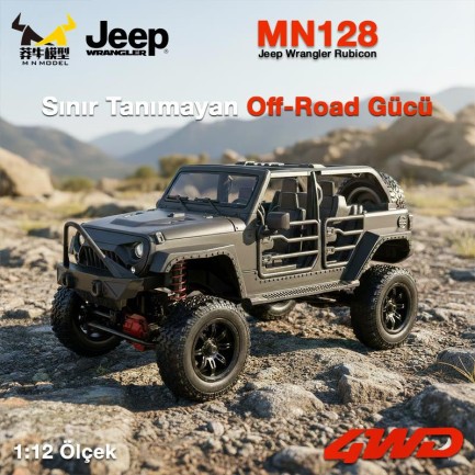 MN Model MN128 1/12 Jeep Wrangler Rubicon 4WD RC Model Crawler Offroad Truck Uzaktan Kumandalı Araba RTR Siyah+Dahili Işık Seti MN-128 - Thumbnail