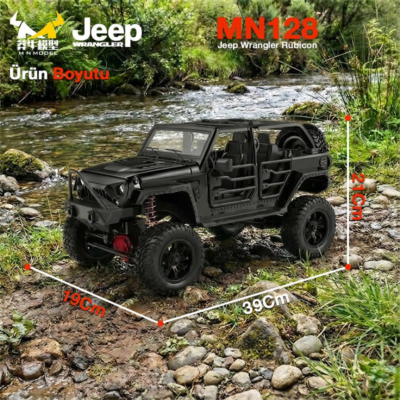 MN Model MN128 1/12 Jeep Wrangler Rubicon 4WD RC Model Crawler Offroad Truck Uzaktan Kumandalı Araba RTR Siyah+Dahili Işık Seti MN-128