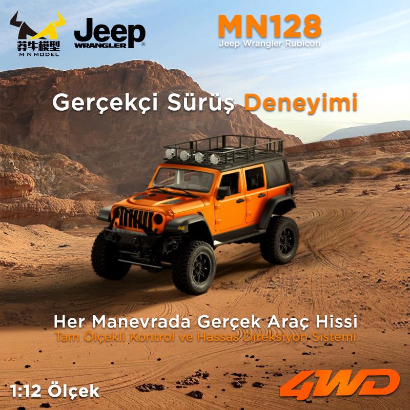 MN Model MN128 1/12 Jeep Wrangler Rubicon 4WD RC Model Crawler Offroad Truck Uzaktan Kumandalı Araba RTR Turuncu+Dahili Işık Seti MN-128