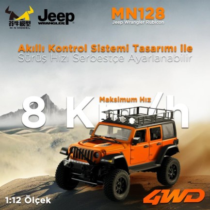 MN Model MN128 1/12 Jeep Wrangler Rubicon 4WD RC Model Crawler Offroad Truck Uzaktan Kumandalı Araba RTR Turuncu+Dahili Işık Seti MN-128 - Thumbnail