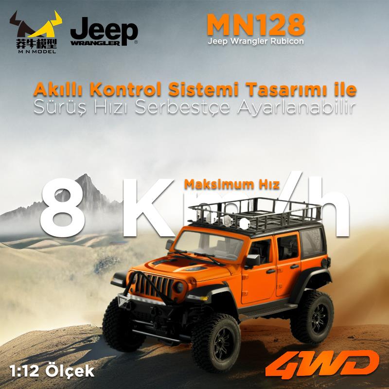 MN Model MN128 1/12 Jeep Wrangler Rubicon 4WD RC Model Crawler Offroad Truck Uzaktan Kumandalı Araba RTR Turuncu+Dahili Işık Seti MN-128