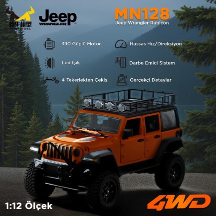 MN Model MN128 1/12 Jeep Wrangler Rubicon 4WD RC Model Crawler Offroad Truck Uzaktan Kumandalı Araba RTR Turuncu+Dahili Işık Seti MN-128 - Thumbnail