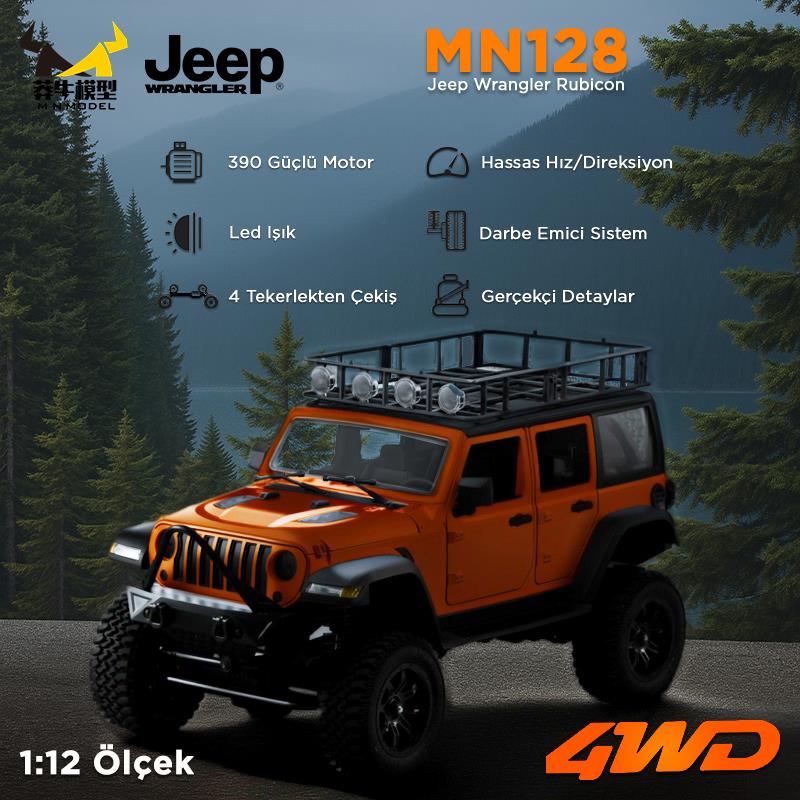 MN Model MN128 1/12 Jeep Wrangler Rubicon 4WD RC Model Crawler Offroad Truck Uzaktan Kumandalı Araba RTR Turuncu+Dahili Işık Seti MN-128