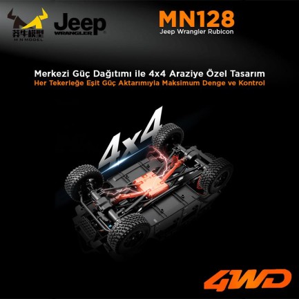 MN Model MN128 1/12 Jeep Wrangler Rubicon 4WD RC Model Crawler Offroad Truck Uzaktan Kumandalı Araba RTR Turuncu+Dahili Işık Seti MN-128 - Thumbnail