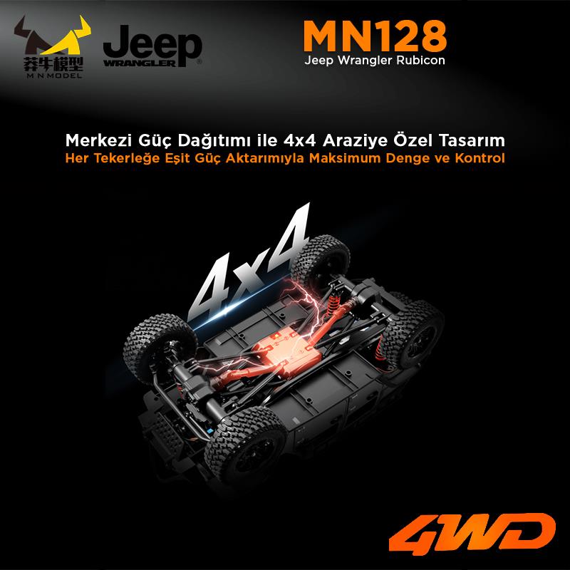 MN Model MN128 1/12 Jeep Wrangler Rubicon 4WD RC Model Crawler Offroad Truck Uzaktan Kumandalı Araba RTR Turuncu+Dahili Işık Seti MN-128