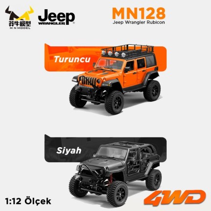 MN Model MN128 1/12 Jeep Wrangler Rubicon 4WD RC Model Crawler Offroad Truck Uzaktan Kumandalı Araba RTR Turuncu+Dahili Işık Seti MN-128 - Thumbnail