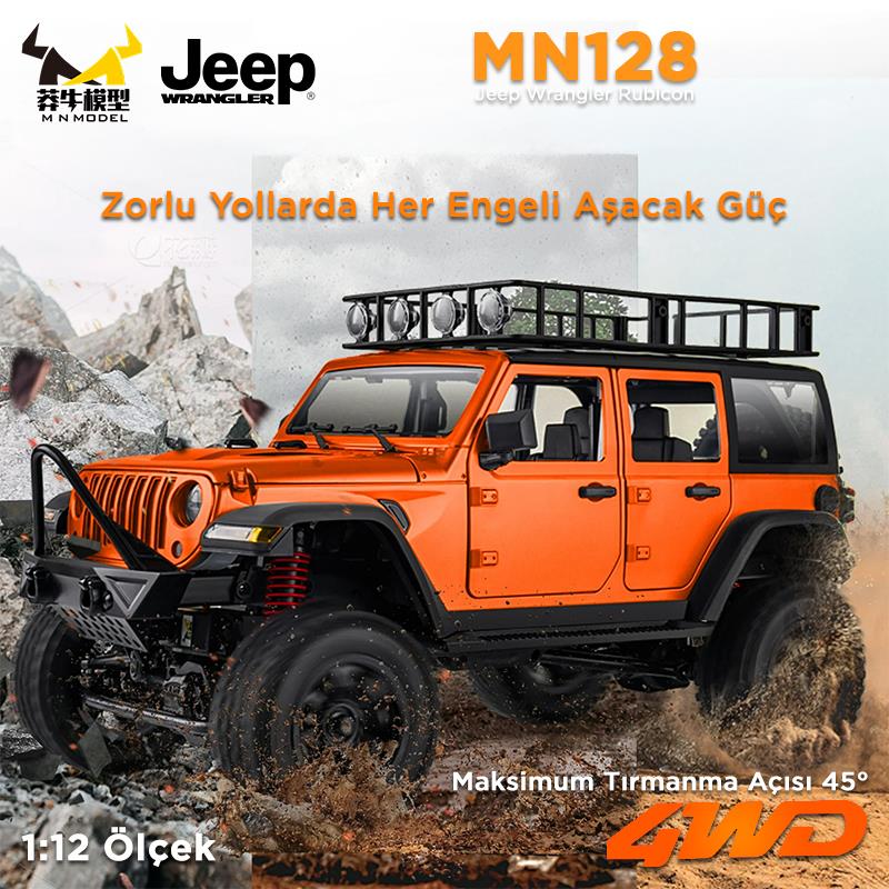 MN Model MN128 1/12 Jeep Wrangler Rubicon 4WD RC Model Crawler Offroad Truck Uzaktan Kumandalı Araba RTR Turuncu+Dahili Işık Seti MN-128