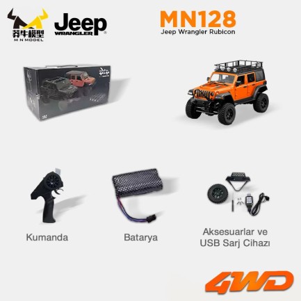 MN Model MN128 1/12 Jeep Wrangler Rubicon 4WD RC Model Crawler Offroad Truck Uzaktan Kumandalı Araba RTR Turuncu+Dahili Işık Seti MN-128 - Thumbnail