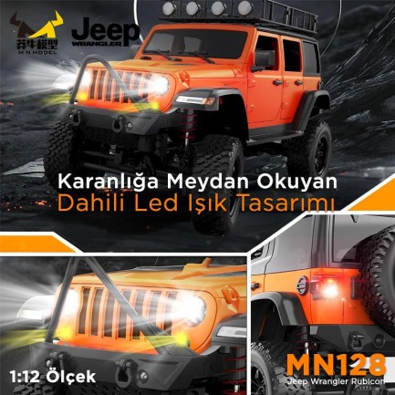 MN Model MN128 1/12 Jeep Wrangler Rubicon 4WD RC Model Crawler Offroad Truck Uzaktan Kumandalı Araba RTR Turuncu+Dahili Işık Seti MN-128 - Thumbnail