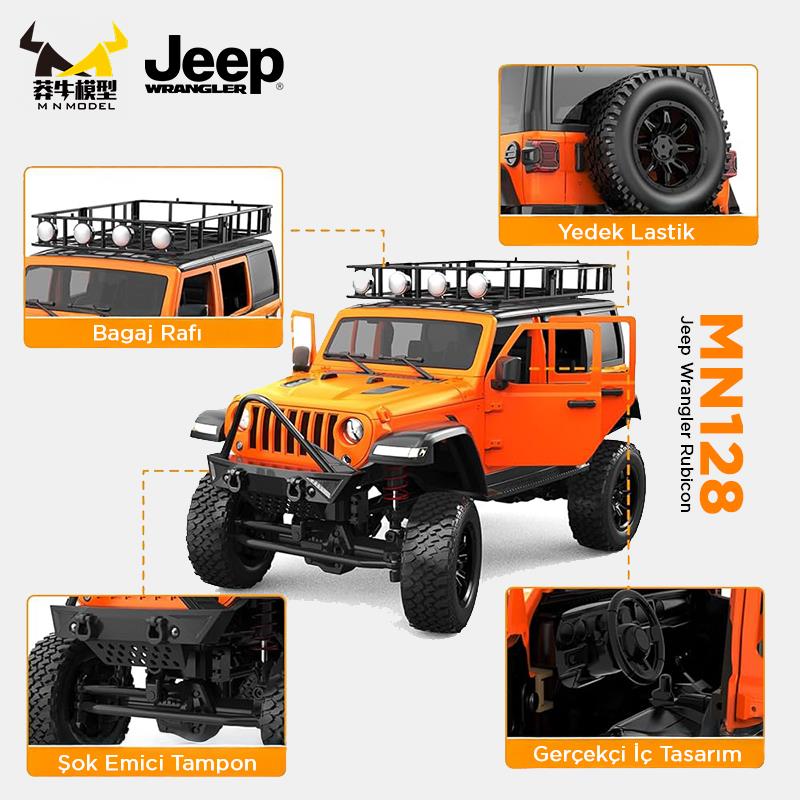 MN Model MN128 1/12 Jeep Wrangler Rubicon 4WD RC Model Crawler Offroad Truck Uzaktan Kumandalı Araba RTR Turuncu+Dahili Işık Seti MN-128