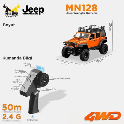MN Model MN128 1/12 Jeep Wrangler Rubicon 4WD RC Model Crawler Offroad Truck Uzaktan Kumandalı Araba RTR Turuncu+Dahili Işık Seti MN-128 - Thumbnail