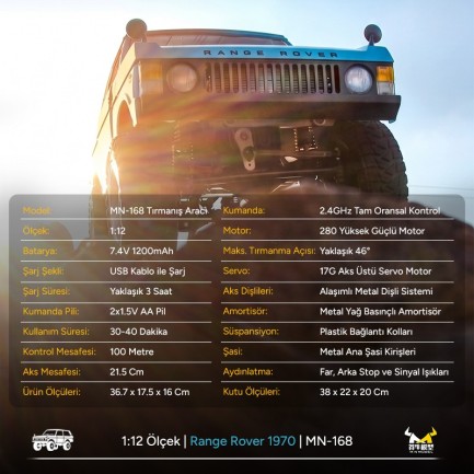 MN Model MN168 1/12 Range Rover Classic 1970 4WD Crawler Offroad Uzaktan Kumandalı Araba Arazi Aracı RC Model Car Truck RTR Açık Mavi MN-168 +Dahili Işık Seti - Thumbnail