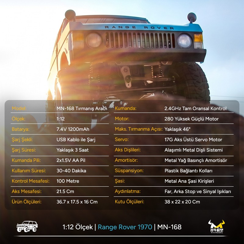 MN Model MN168 1/12 Range Rover Classic 1970 4WD Crawler Offroad Uzaktan Kumandalı Araba Arazi Aracı RC Model Car Truck RTR Açık Mavi MN-168 +Dahili Işık Seti