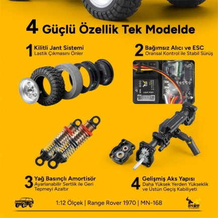MN Model MN168 1/12 Range Rover Classic 1970 4WD Crawler Offroad Uzaktan Kumandalı Araba Arazi Aracı RC Model Car Truck RTR Sarı MN-168 +Dahili Işık Seti - Thumbnail