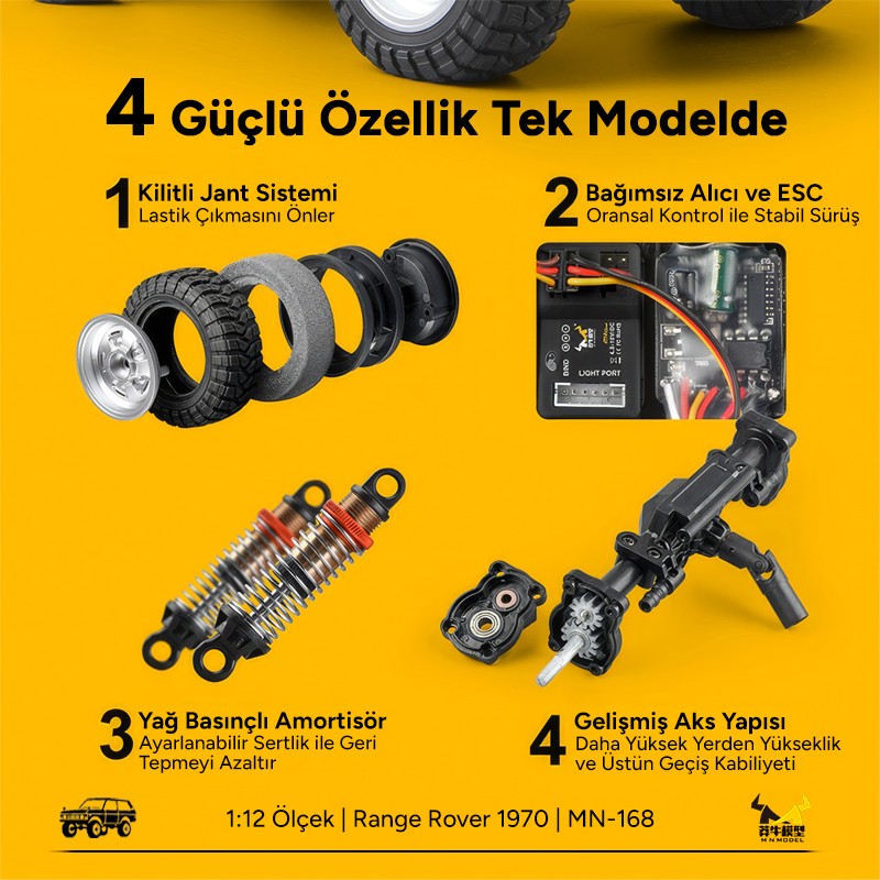 MN Model MN168 1/12 Range Rover Classic 1970 4WD Crawler Offroad Uzaktan Kumandalı Araba Arazi Aracı RC Model Car Truck RTR Sarı MN-168 +Dahili Işık Seti