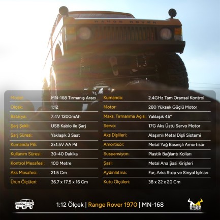 MN Model MN168 1/12 Range Rover Classic 1970 4WD Crawler Offroad Uzaktan Kumandalı Araba Arazi Aracı RC Model Car Truck RTR Sarı MN-168 +Dahili Işık Seti - Thumbnail