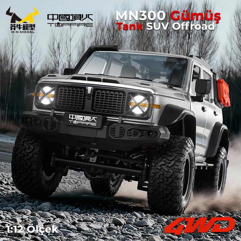 MN Model MN300 1/12 Tank SUV 4WD RC Crawler Offroad Uzaktan Kumandalı Araba Arazi Aracı Model Car Truck RTR Gümüş MN-300 +Dahili Işık Seti