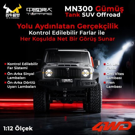 MN Model MN300 1/12 Tank SUV 4WD RC Crawler Offroad Uzaktan Kumandalı Araba Arazi Aracı Model Car Truck RTR Gümüş MN-300 +Dahili Işık Seti - Thumbnail