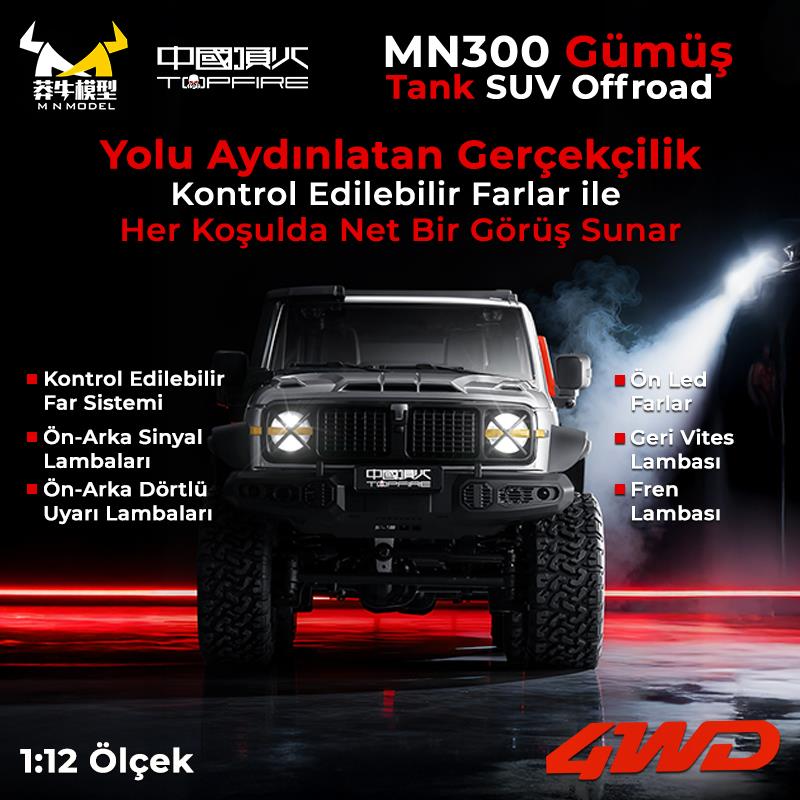 MN Model MN300 1/12 Tank SUV 4WD RC Crawler Offroad Uzaktan Kumandalı Araba Arazi Aracı Model Car Truck RTR Gümüş MN-300 +Dahili Işık Seti