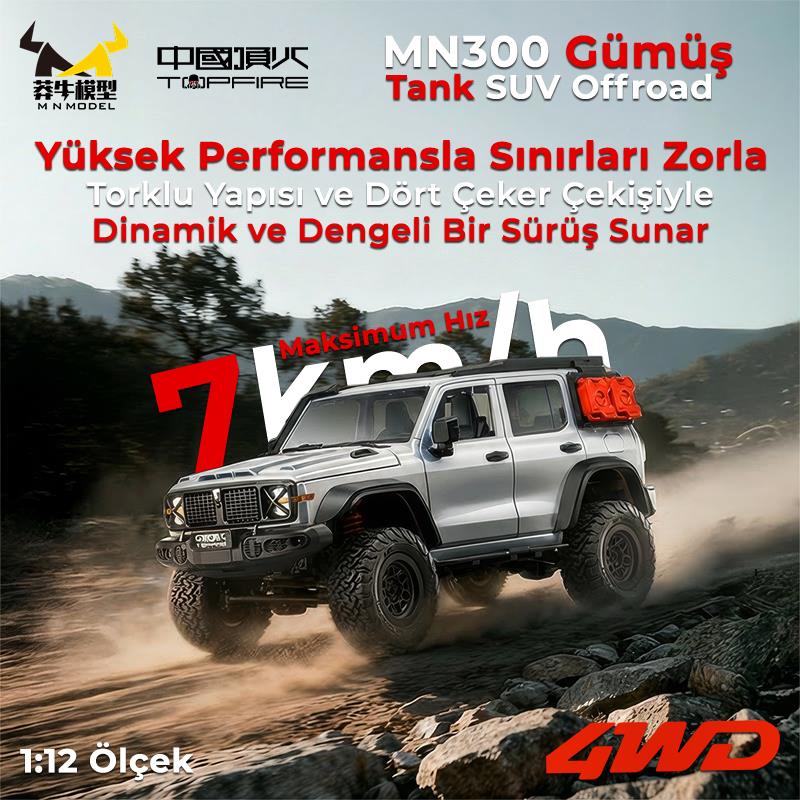 MN Model MN300 1/12 Tank SUV 4WD RC Crawler Offroad Uzaktan Kumandalı Araba Arazi Aracı Model Car Truck RTR Gümüş MN-300 +Dahili Işık Seti