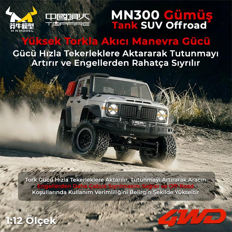 MN Model MN300 1/12 Tank SUV 4WD RC Crawler Offroad Uzaktan Kumandalı Araba Arazi Aracı Model Car Truck RTR Gümüş MN-300 +Dahili Işık Seti