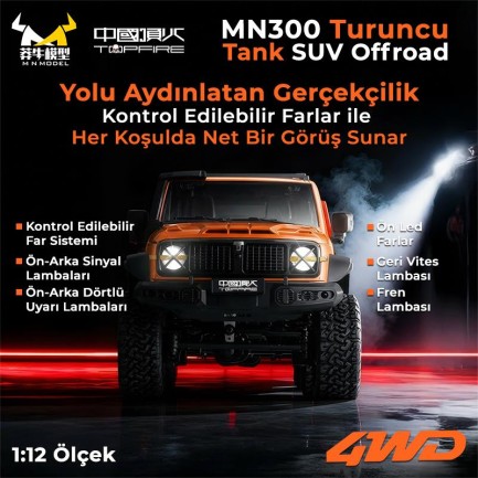 MN Model MN300 1/12 Tank SUV 4WD RC Crawler Offroad Uzaktan Kumandalı Araba Arazi Aracı Model Car Truck RTR Turuncu MN-300 +Dahili Işık Seti - Thumbnail