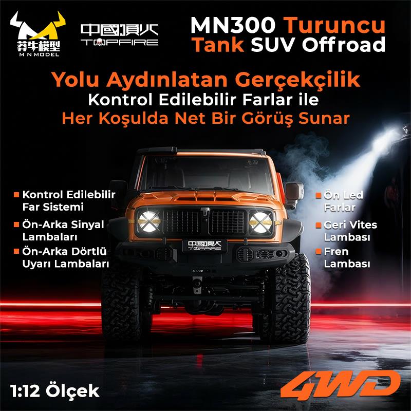MN Model MN300 1/12 Tank SUV 4WD RC Crawler Offroad Uzaktan Kumandalı Araba Arazi Aracı Model Car Truck RTR Turuncu MN-300 +Dahili Işık Seti