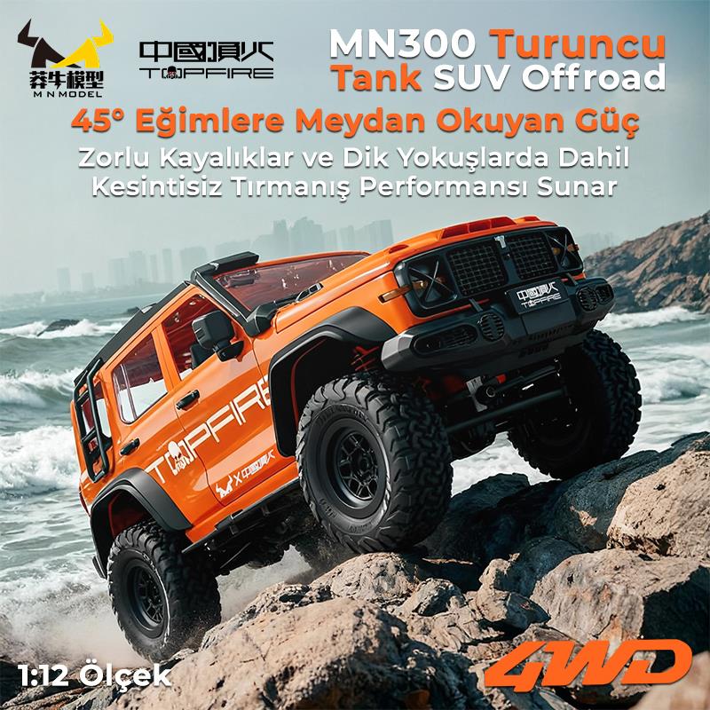 MN Model MN300 1/12 Tank SUV 4WD RC Crawler Offroad Uzaktan Kumandalı Araba Arazi Aracı Model Car Truck RTR Turuncu MN-300 +Dahili Işık Seti