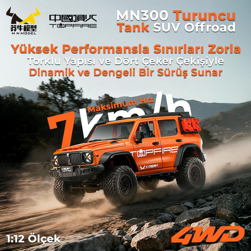 MN Model MN300 1/12 Tank SUV 4WD RC Crawler Offroad Uzaktan Kumandalı Araba Arazi Aracı Model Car Truck RTR Turuncu MN-300 +Dahili Işık Seti