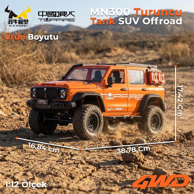 MN Model MN300 1/12 Tank SUV 4WD RC Crawler Offroad Uzaktan Kumandalı Araba Arazi Aracı Model Car Truck RTR Turuncu MN-300 +Dahili Işık Seti