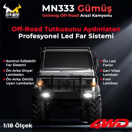 MN Model MN333 1/18 Mercedes Unimog U4000 4WD RC Crawler Offroad Uzaktan Kumandalı Araba Arazi Aracı Model Car Truck RTR Gümüş MN-333 +Dahili Işık Seti - Thumbnail