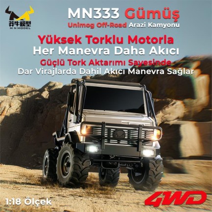 MN Model MN333 1/18 Mercedes Unimog U4000 4WD RC Crawler Offroad Uzaktan Kumandalı Araba Arazi Aracı Model Car Truck RTR Gümüş MN-333 +Dahili Işık Seti - Thumbnail