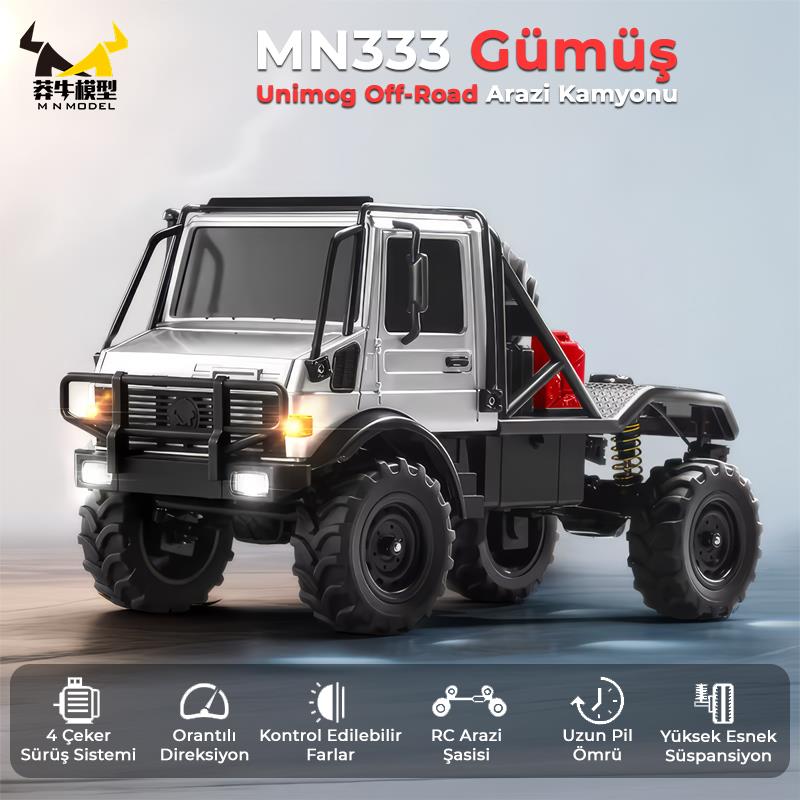MN Model MN333 1/18 Mercedes Unimog U4000 4WD RC Crawler Offroad Uzaktan Kumandalı Araba Arazi Aracı Model Car Truck RTR Gümüş MN-333 +Dahili Işık Seti