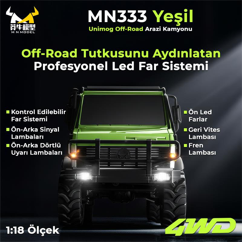 MN Model MN333 1/18 Mercedes Unimog U4000 4WD RC Crawler Offroad Uzaktan Kumandalı Araba Arazi Aracı Model Car Truck RTR Yeşil MN-333 +Dahili Işık Seti