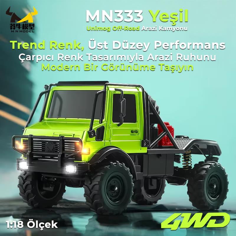 MN Model MN333 1/18 Mercedes Unimog U4000 4WD RC Crawler Offroad Uzaktan Kumandalı Araba Arazi Aracı Model Car Truck RTR Yeşil MN-333 +Dahili Işık Seti