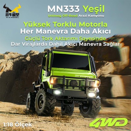 MN Model MN333 1/18 Mercedes Unimog U4000 4WD RC Crawler Offroad Uzaktan Kumandalı Araba Arazi Aracı Model Car Truck RTR Yeşil MN-333 +Dahili Işık Seti - Thumbnail