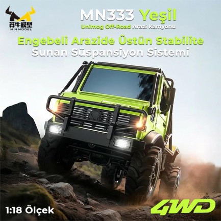 MN Model MN333 1/18 Mercedes Unimog U4000 4WD RC Crawler Offroad Uzaktan Kumandalı Araba Arazi Aracı Model Car Truck RTR Yeşil MN-333 +Dahili Işık Seti - Thumbnail