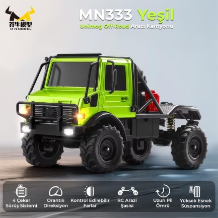 MN Model MN333 1/18 Mercedes Unimog U4000 4WD RC Crawler Offroad Uzaktan Kumandalı Araba Arazi Aracı Model Car Truck RTR Yeşil MN-333 +Dahili Işık Seti - Thumbnail