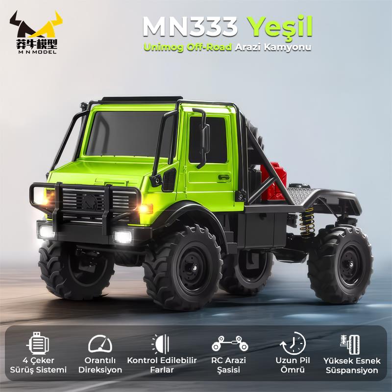 MN Model MN333 1/18 Mercedes Unimog U4000 4WD RC Crawler Offroad Uzaktan Kumandalı Araba Arazi Aracı Model Car Truck RTR Yeşil MN-333 +Dahili Işık Seti