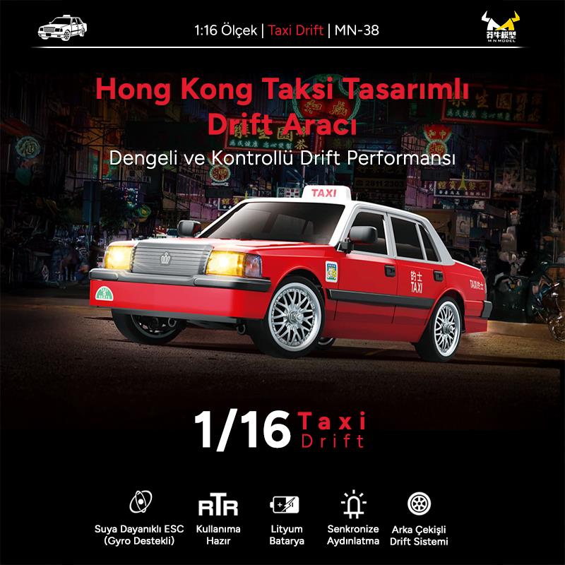 MN Model MN38 MN-38 1/16 Taxi Drift RC Model Onroad Uzaktan Kumandalı Araba RTR Kırmızı