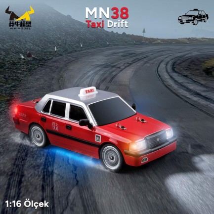 MN Model - MN Model MN38 1/16 4WD Taxi Uzaktan Kumandalı RC Drift Arabası Led Işıklı Onroad Racing Car w/Gyro 2.4GHZ RTR Kırmızı MN-38