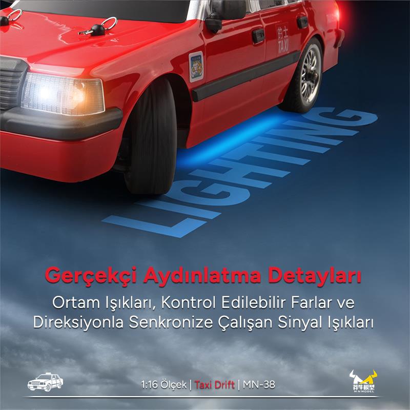 MN Model MN38 1/16 4WD Taxi Uzaktan Kumandalı RC Drift Arabası Led Işıklı Onroad Racing Car w/Gyro 2.4GHZ RTR Kırmızı MN-38