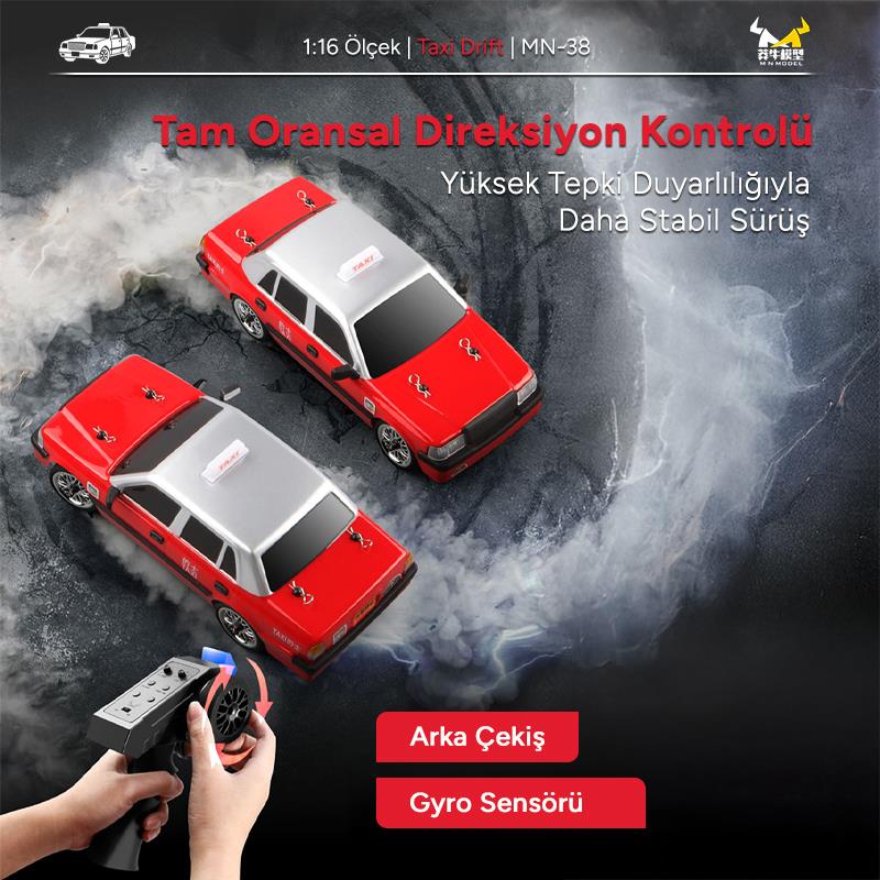 MN Model MN38 1/16 4WD Taxi Uzaktan Kumandalı RC Drift Arabası Led Işıklı Onroad Racing Car w/Gyro 2.4GHZ RTR Kırmızı MN-38