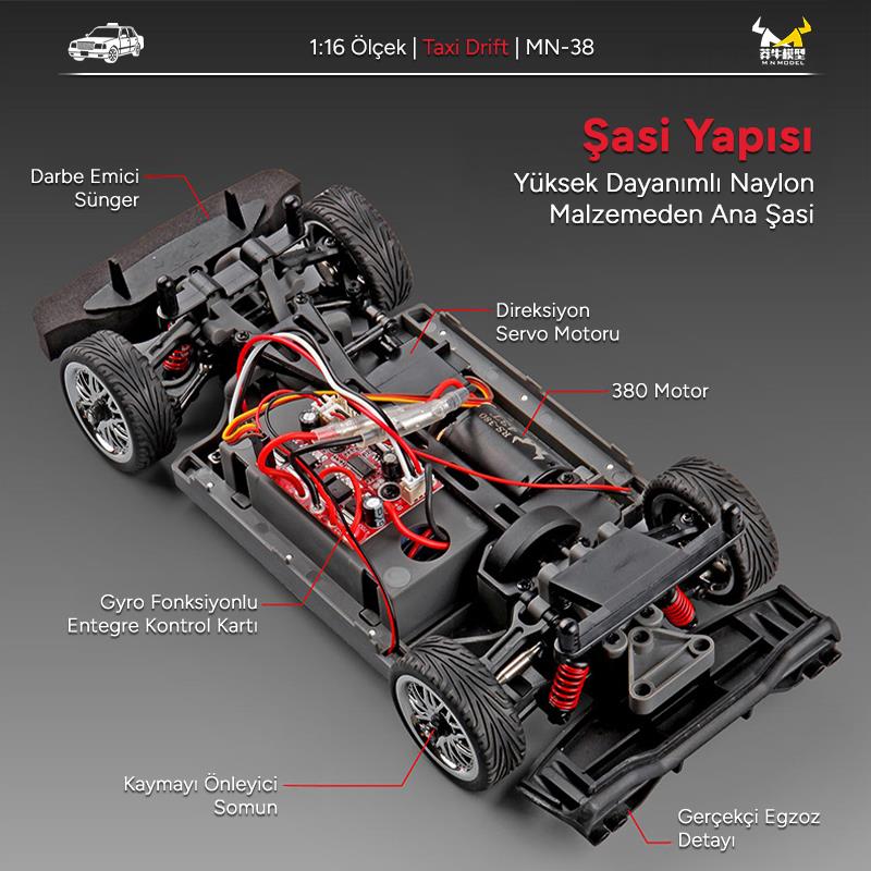 MN Model MN38 1/16 4WD Taxi Uzaktan Kumandalı RC Drift Arabası Led Işıklı Onroad Racing Car w/Gyro 2.4GHZ RTR Kırmızı MN-38
