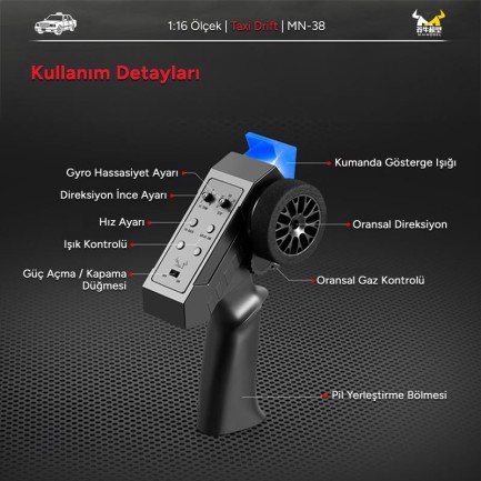 MN Model MN38 1/16 4WD Taxi Uzaktan Kumandalı RC Drift Arabası Led Işıklı Onroad Racing Car w/Gyro 2.4GHZ RTR Kırmızı MN-38 - Thumbnail
