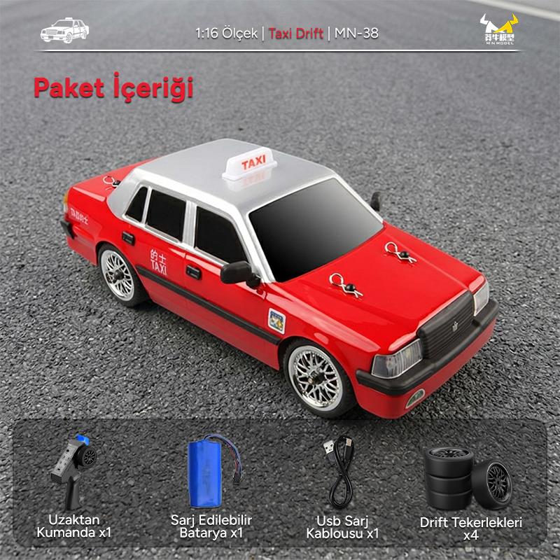 MN Model MN38 1/16 4WD Taxi Uzaktan Kumandalı RC Drift Arabası Led Işıklı Onroad Racing Car w/Gyro 2.4GHZ RTR Kırmızı MN-38